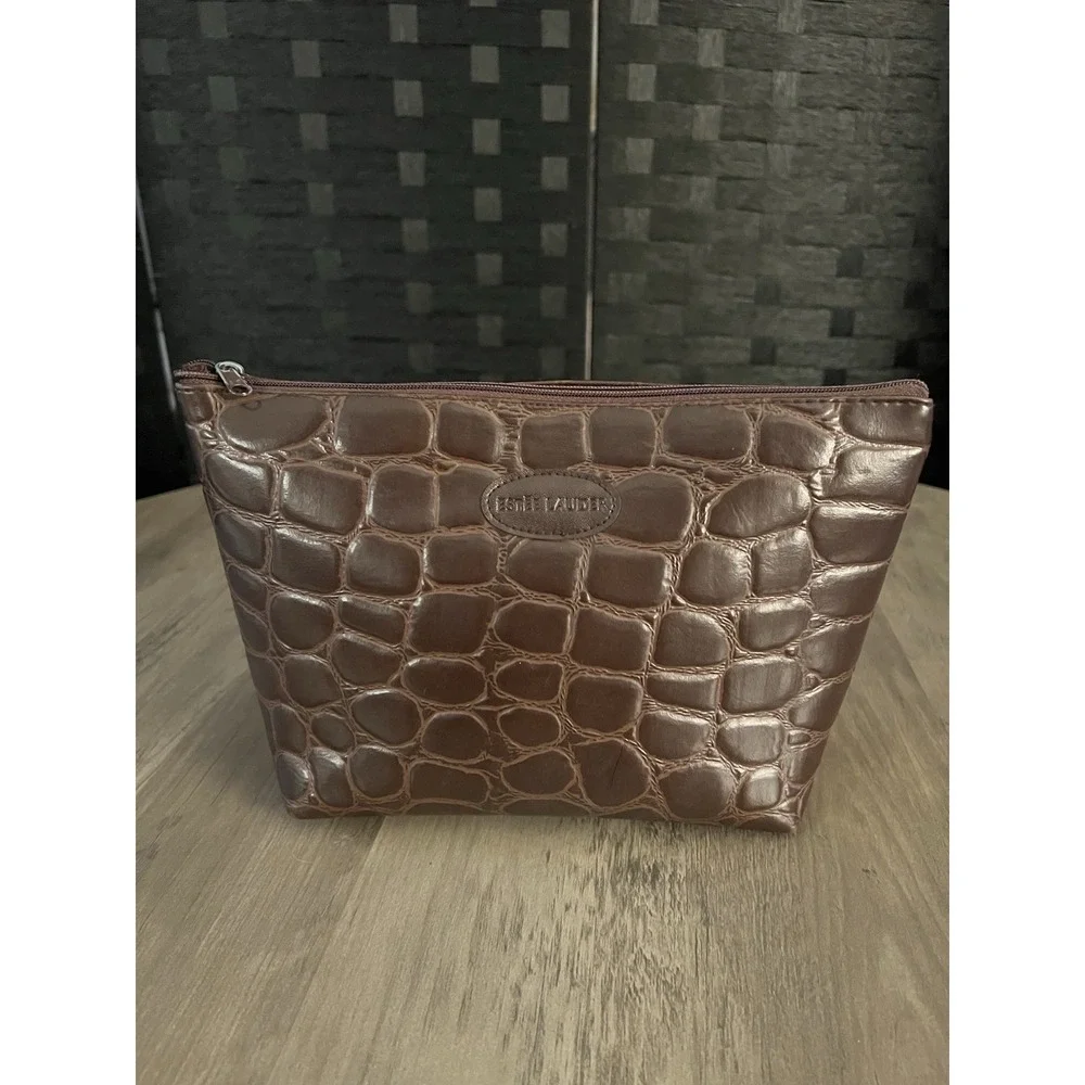Estee Lauder Faux Leather Animal Skin Brown Cosmetic Bag Makeup Case VGC - Picture 1 of 4